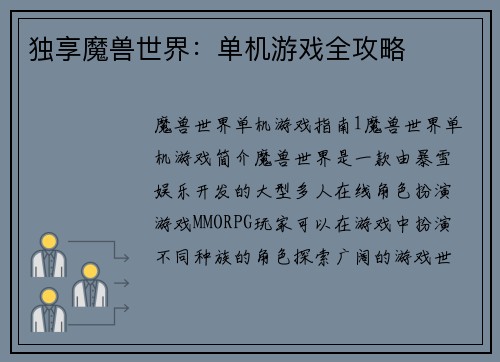 独享魔兽世界：单机游戏全攻略