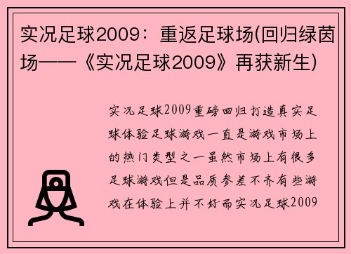 实况足球2009：重返足球场(回归绿茵场——《实况足球2009》再获新生)
